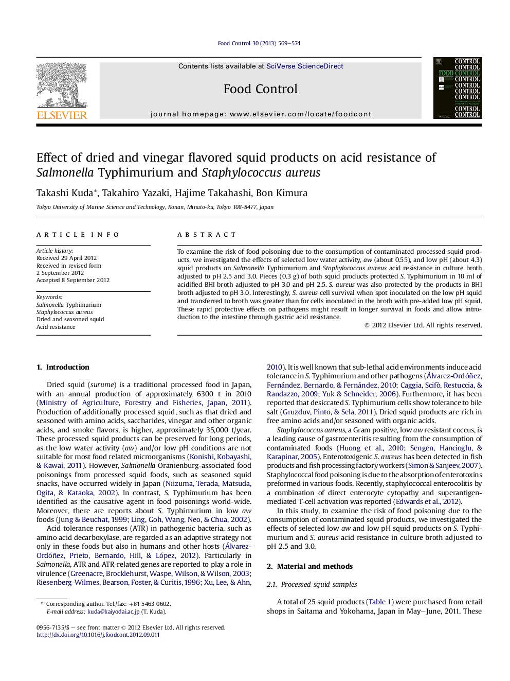 Effect of dried and vinegar flavored squid products on acid resistance of Salmonella Typhimurium and Staphylococcus aureus