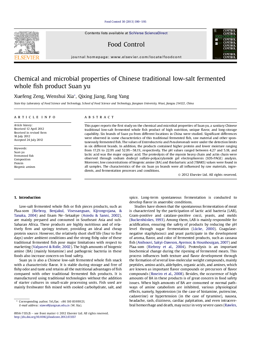 Chemical and microbial properties of Chinese traditional low-salt fermented whole fish product Suan yu