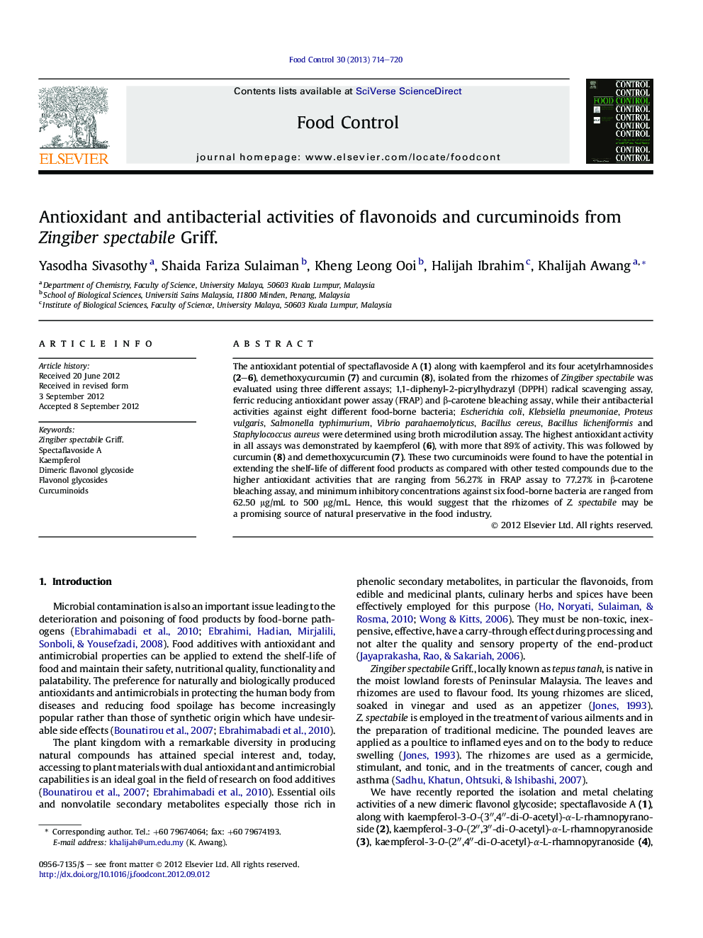 عکس صفحه اول مقاله: Antioxidant and antibacterial activities of flavonoids and curcuminoids from Zingiber spectabile Griff. Antioxidant and antibacterial activities of flavonoids and curcuminoids from Zingiber spectabile Griff.