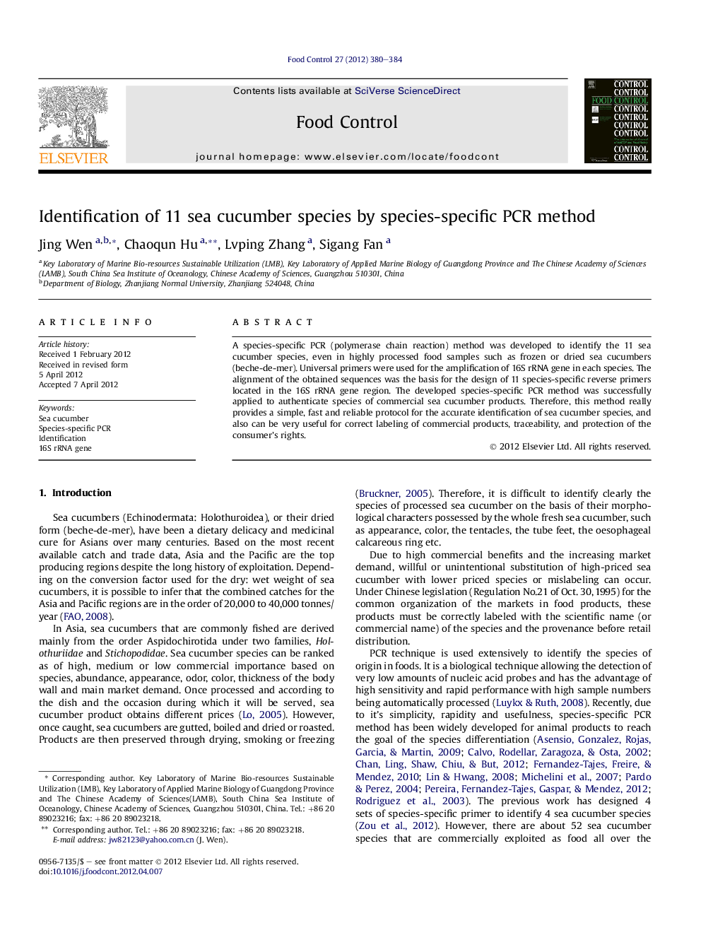 Identification of 11 sea cucumber species by species-specific PCR method