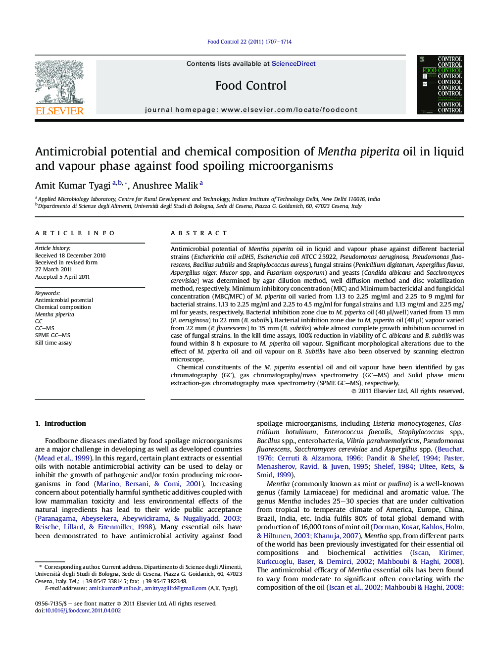 Antimicrobial potential and chemical composition of Mentha piperita oil in liquid and vapour phase against food spoiling microorganisms