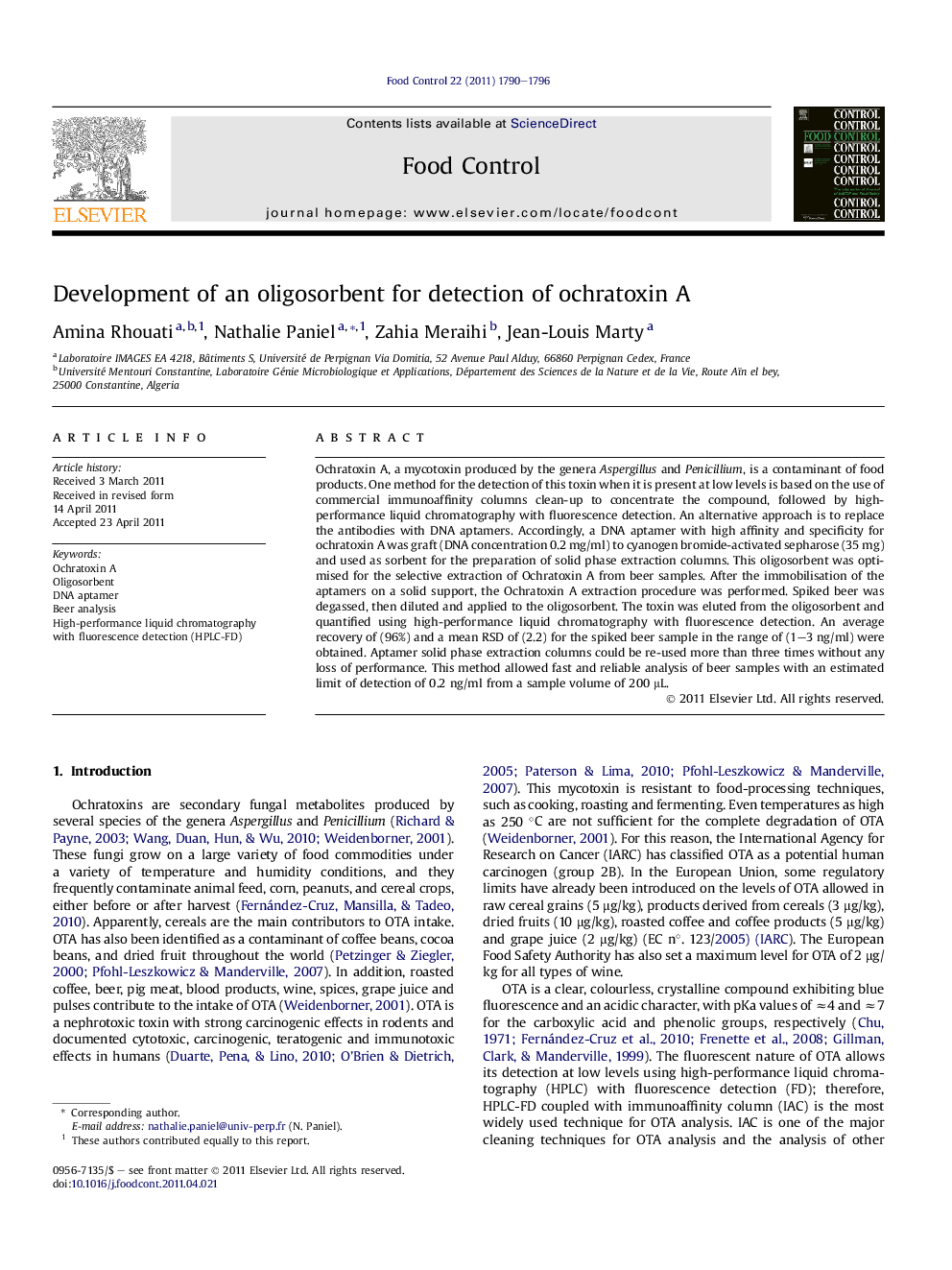 Development of an oligosorbent for detection of ochratoxin A