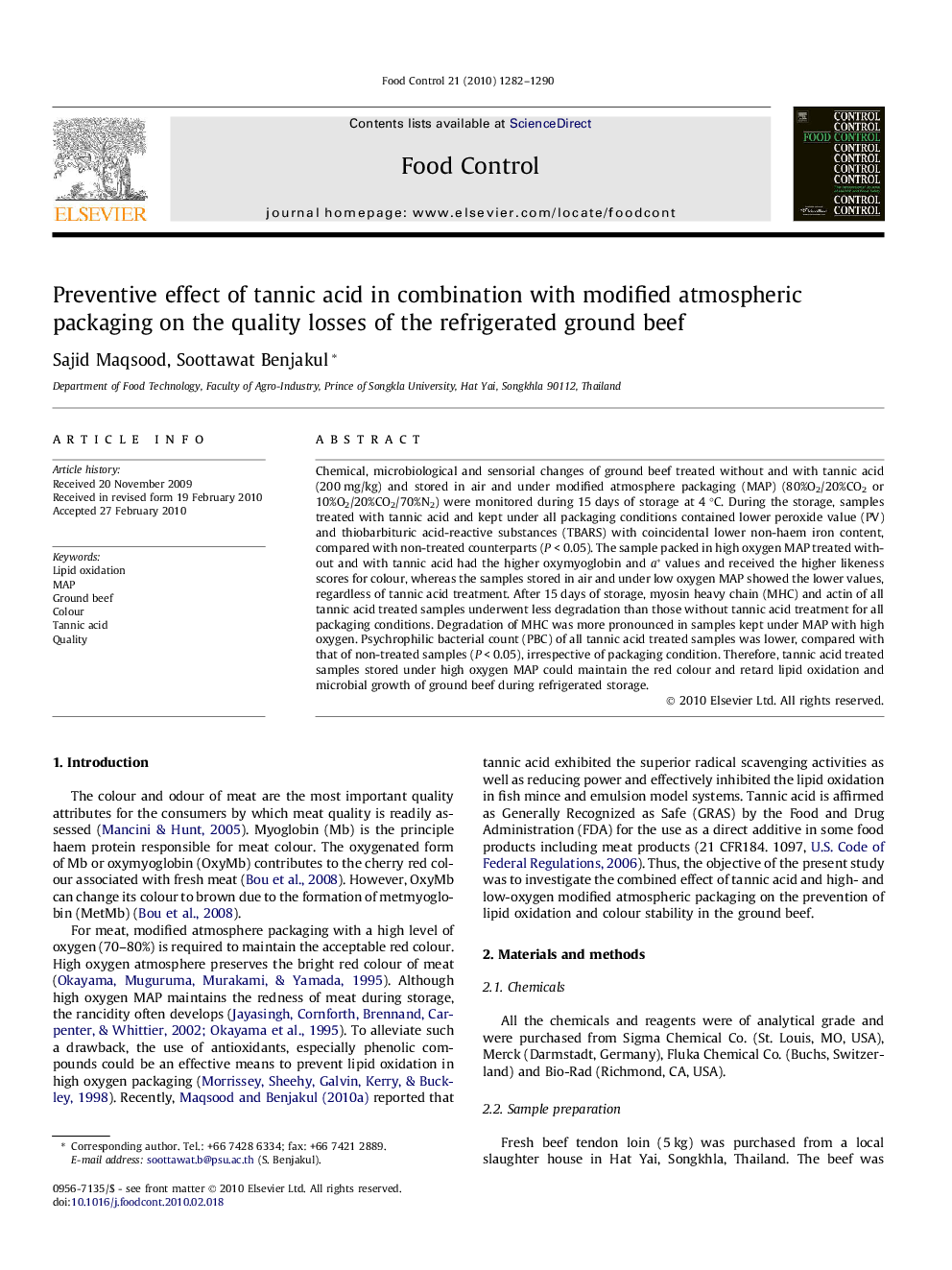 Preventive effect of tannic acid in combination with modified atmospheric packaging on the quality losses of the refrigerated ground beef