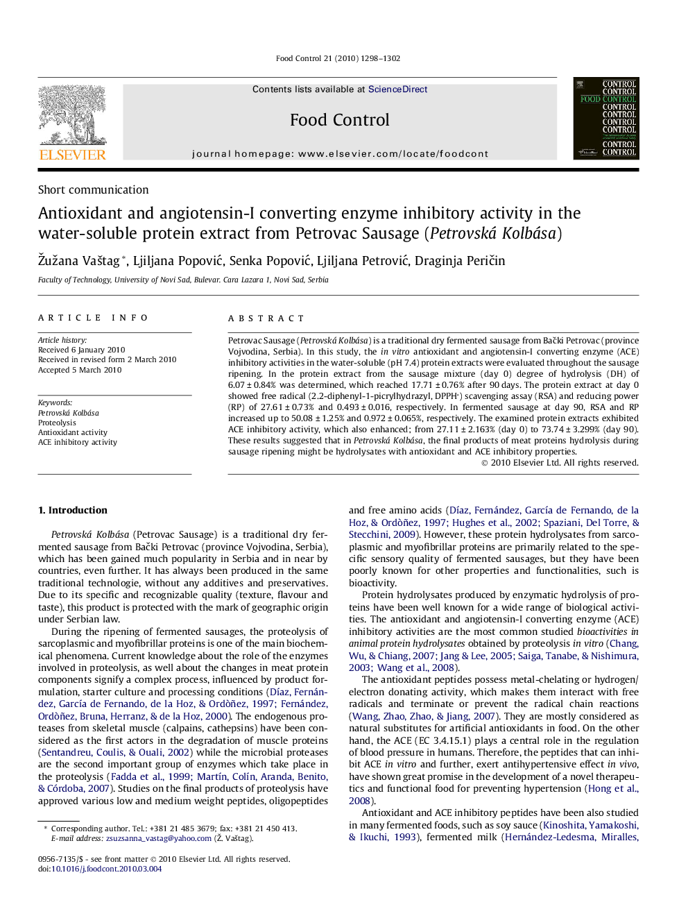 عکس صفحه اول مقاله: Antioxidant and angiotensin-I converting enzyme inhibitory activity in the water-soluble protein extract from Petrovac Sausage (Petrovská Kolbása) Antioxidant and angiotensin-I converting enzyme inhibitory activity in the water-soluble protein extract from Petrovac Sausage (Petrovská Kolbása)