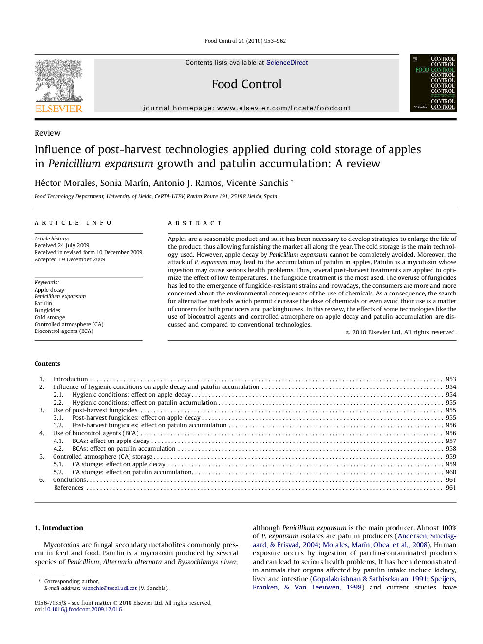 Influence of post-harvest technologies applied during cold storage of apples in Penicillium expansum growth and patulin accumulation: A review