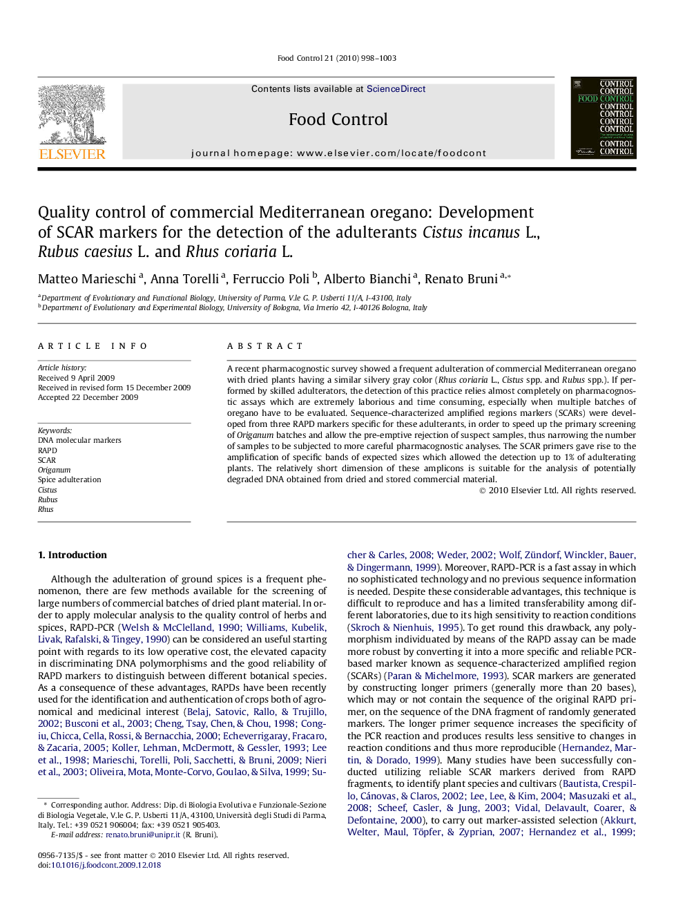 Quality control of commercial Mediterranean oregano: Development of SCAR markers for the detection of the adulterants Cistus incanus L., Rubus caesius L. and Rhus coriaria L.