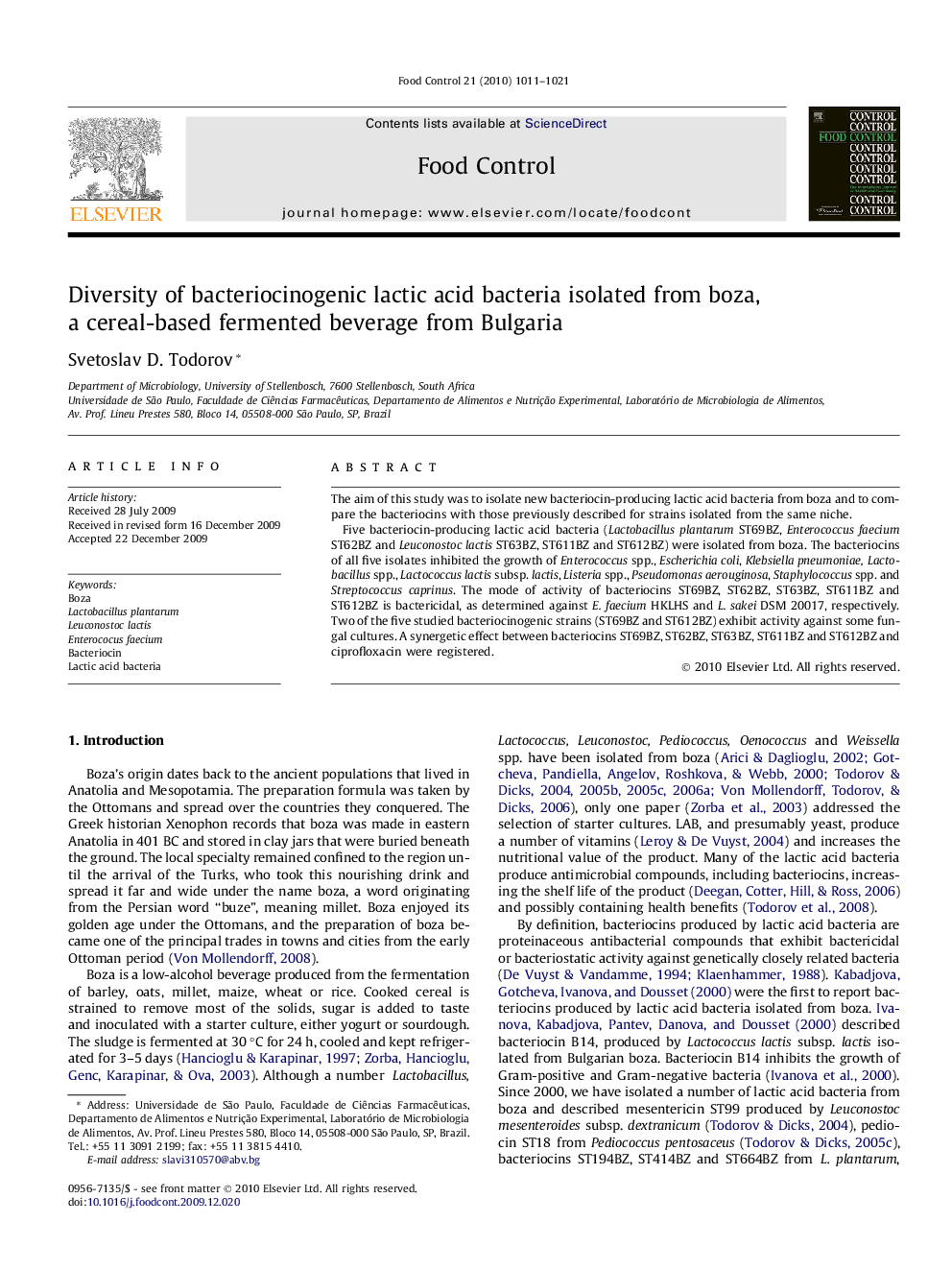 Diversity of bacteriocinogenic lactic acid bacteria isolated from boza, a cereal-based fermented beverage from Bulgaria