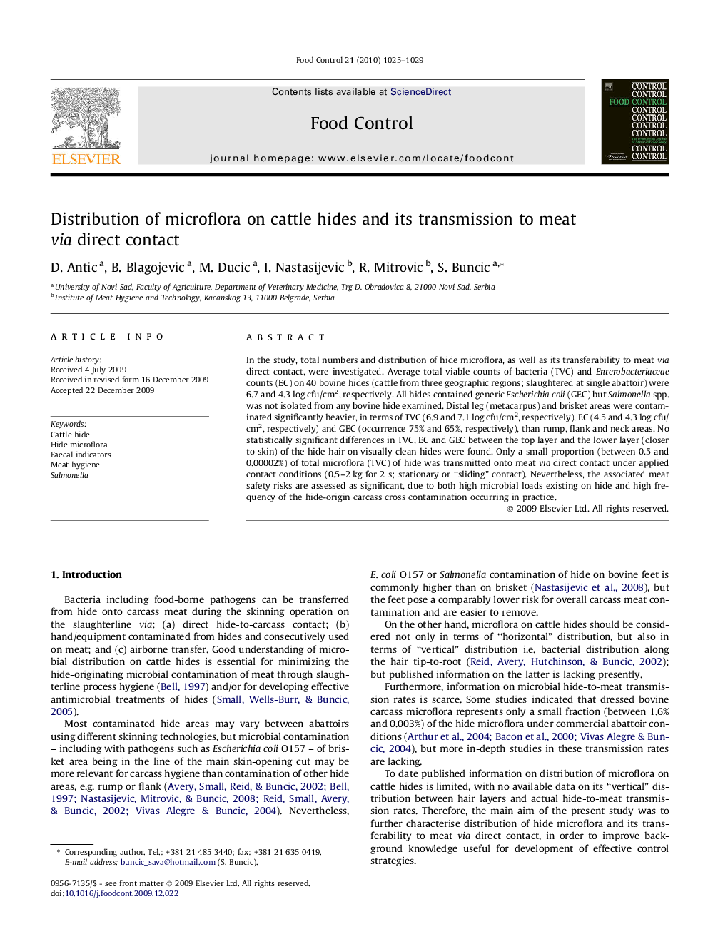 عکس صفحه اول مقاله: Distribution of microflora on cattle hides and its transmission to meat via direct contact Distribution of microflora on cattle hides and its transmission to meat via direct contact