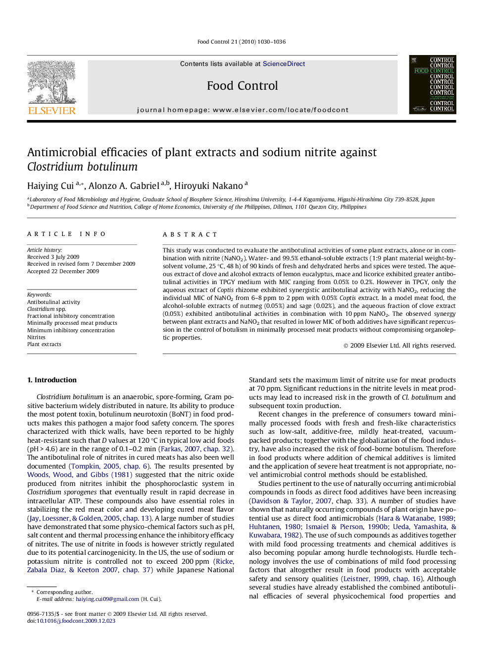 Antimicrobial efficacies of plant extracts and sodium nitrite against Clostridium botulinum