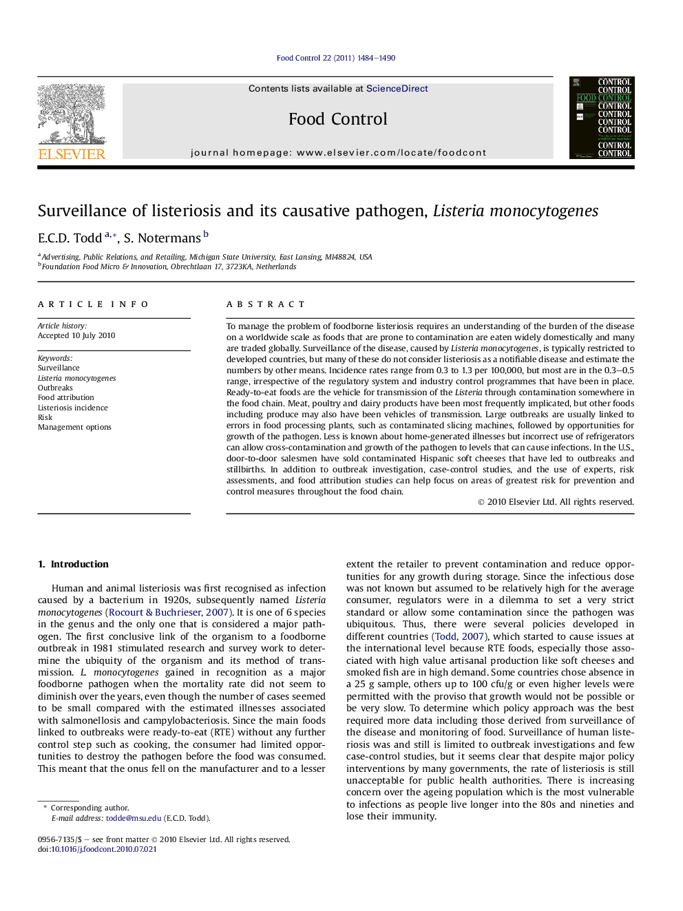 Surveillance of listeriosis and its causative pathogen, Listeria monocytogenes