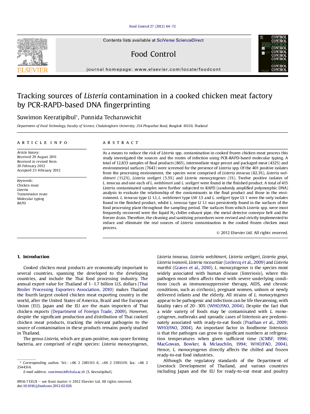 Tracking sources of Listeria contamination in a cooked chicken meat factory by PCR-RAPD-based DNA fingerprinting