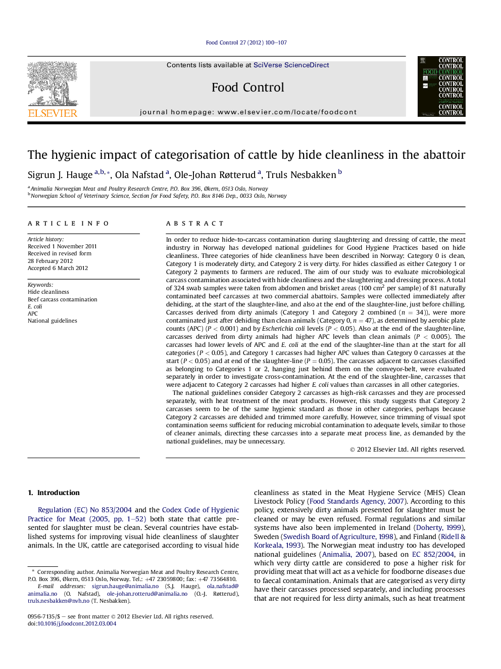 The hygienic impact of categorisation of cattle by hide cleanliness in the abattoir