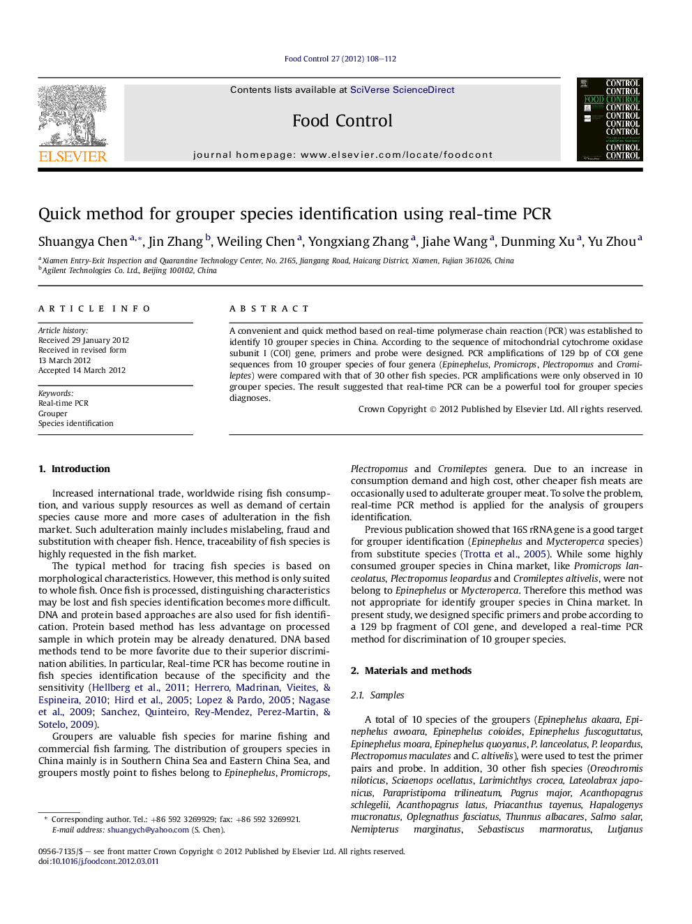 Quick method for grouper species identification using real-time PCR