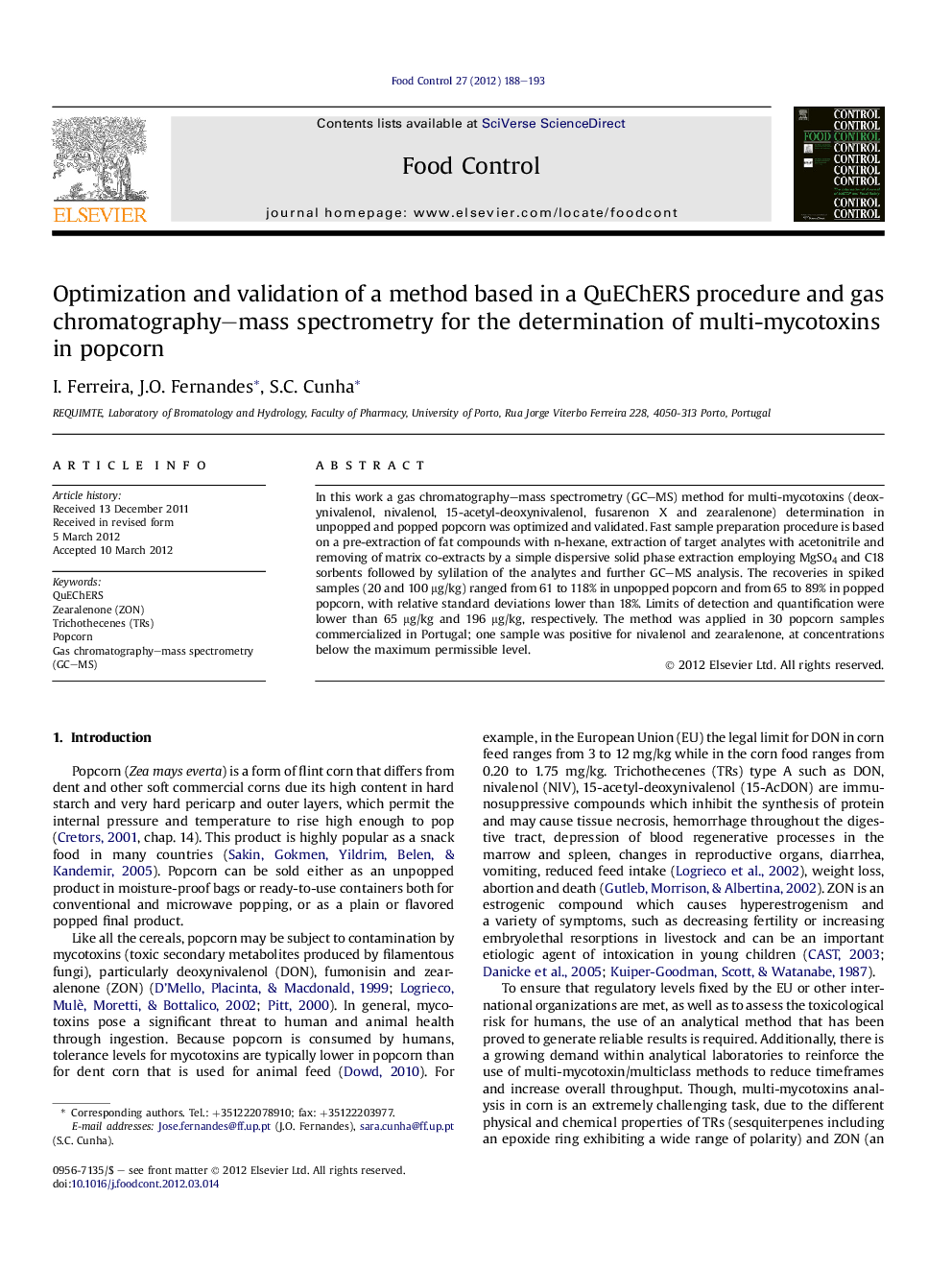 Optimization and validation of a method based in a QuEChERS procedure and gas chromatography–mass spectrometry for the determination of multi-mycotoxins in popcorn