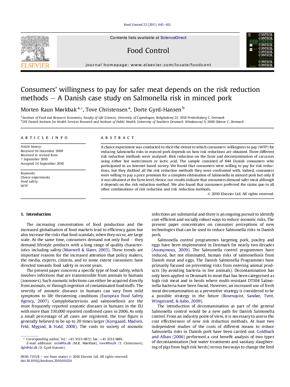 Consumers’ willingness to pay for safer meat depends on the risk reduction methods – A Danish case study on Salmonella risk in minced pork