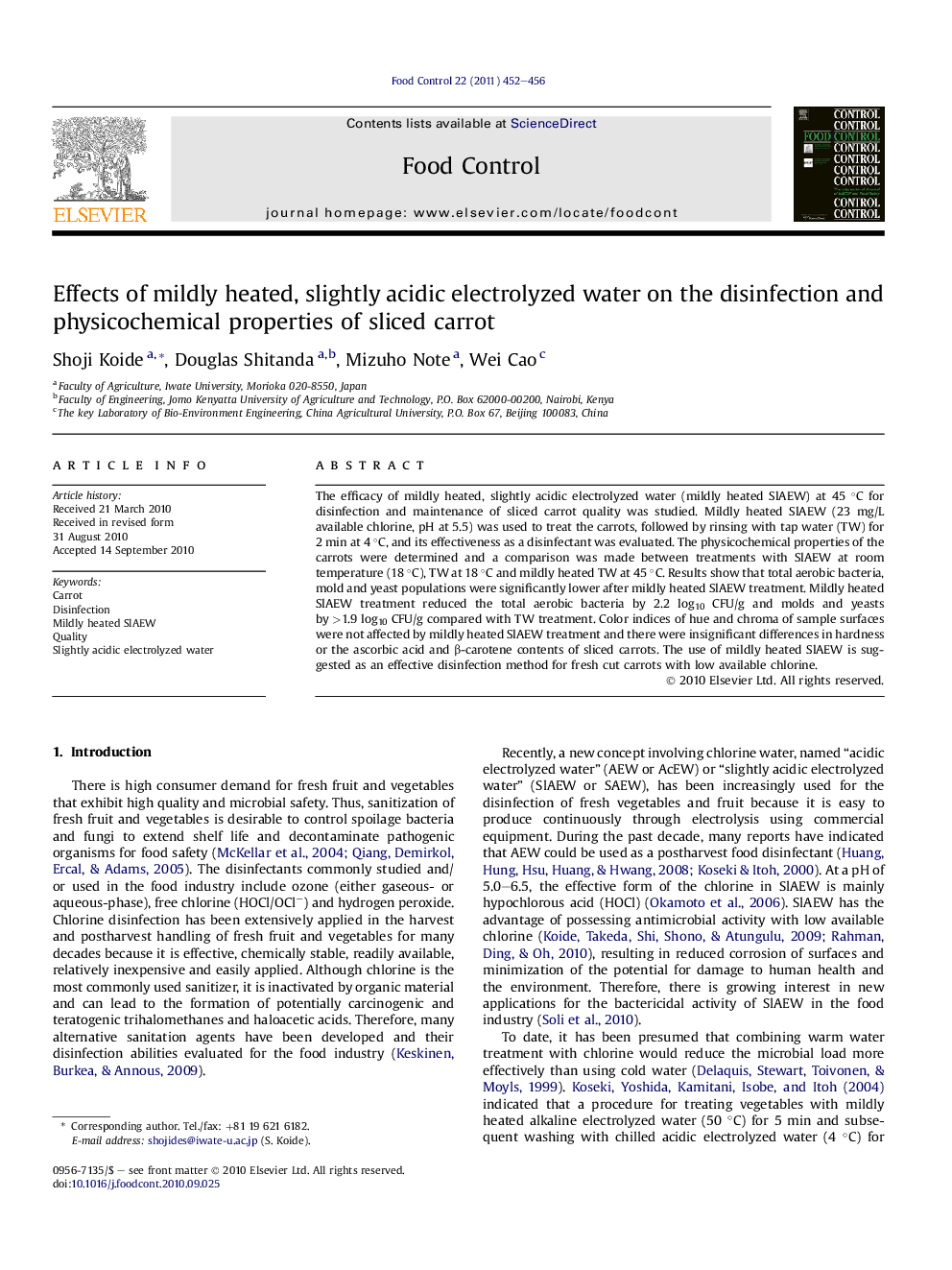 Effects of mildly heated, slightly acidic electrolyzed water on the disinfection and physicochemical properties of sliced carrot