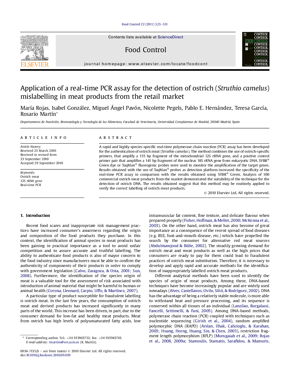 Application of a real-time PCR assay for the detection of ostrich (Struthio camelus) mislabelling in meat products from the retail market