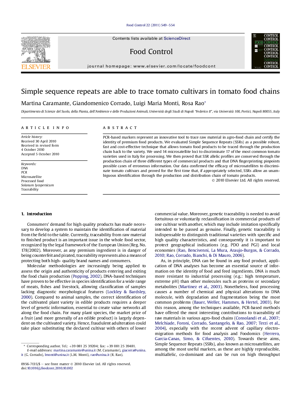 Simple sequence repeats are able to trace tomato cultivars in tomato food chains