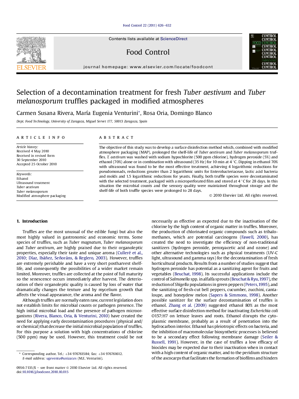 Selection of a decontamination treatment for fresh Tuber aestivum and Tuber melanosporum truffles packaged in modified atmospheres