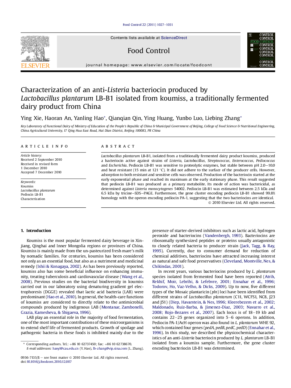 Characterization of an anti-Listeria bacteriocin produced by Lactobacillus plantarum LB-B1 isolated from koumiss, a traditionally fermented dairy product from China