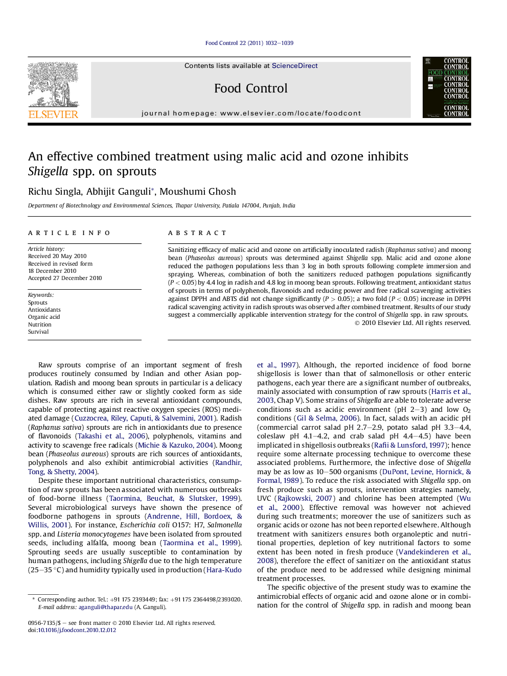 An effective combined treatment using malic acid and ozone inhibits Shigella spp. on sprouts