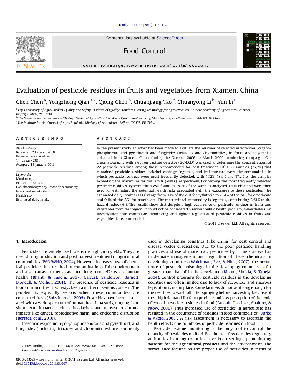 Evaluation of pesticide residues in fruits and vegetables from Xiamen, China