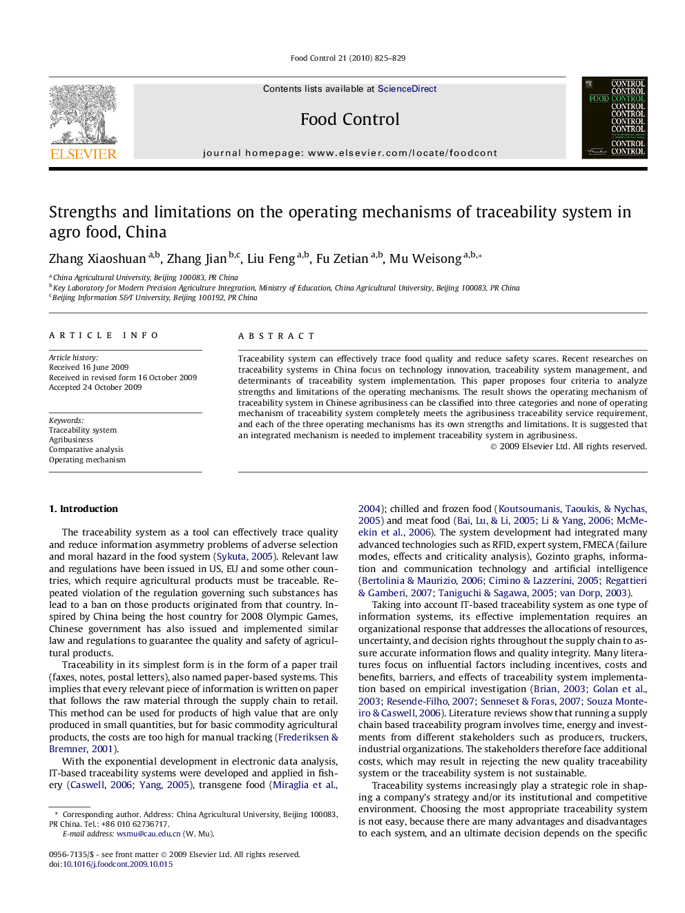 Strengths and limitations on the operating mechanisms of traceability system in agro food, China