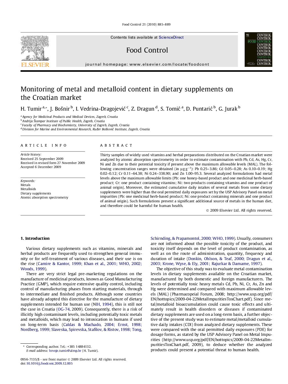 Monitoring of metal and metalloid content in dietary supplements on the Croatian market