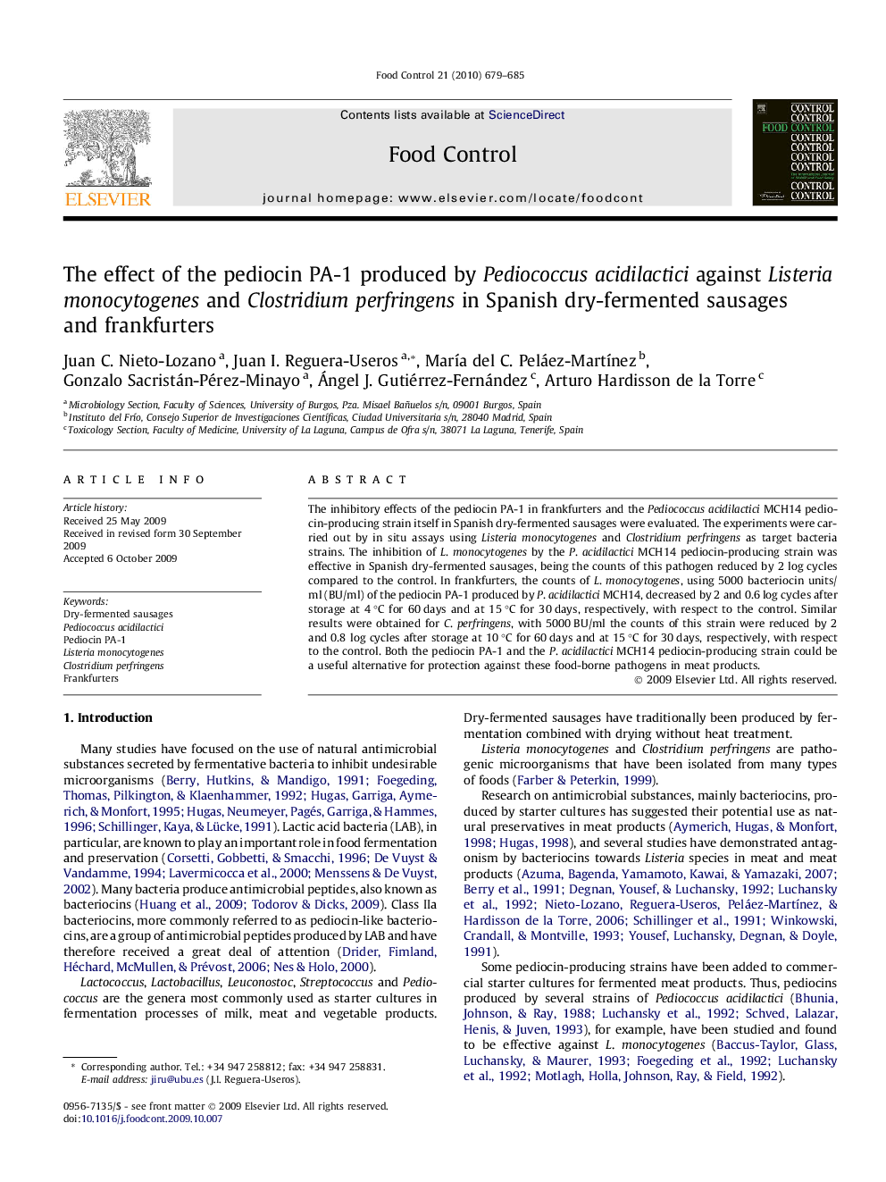 The effect of the pediocin PA-1 produced by Pediococcus acidilactici against Listeria monocytogenes and Clostridium perfringens in Spanish dry-fermented sausages and frankfurters