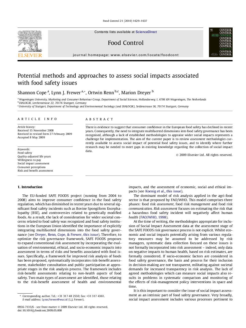 Potential methods and approaches to assess social impacts associated with food safety issues