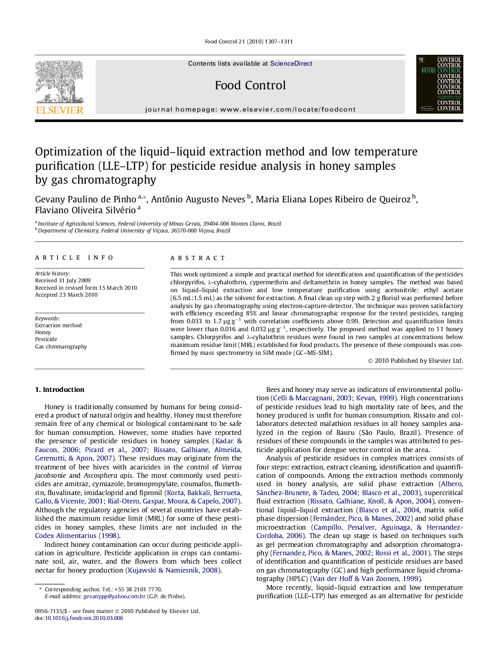 Optimization of the liquid–liquid extraction method and low temperature purification (LLE–LTP) for pesticide residue analysis in honey samples by gas chromatography