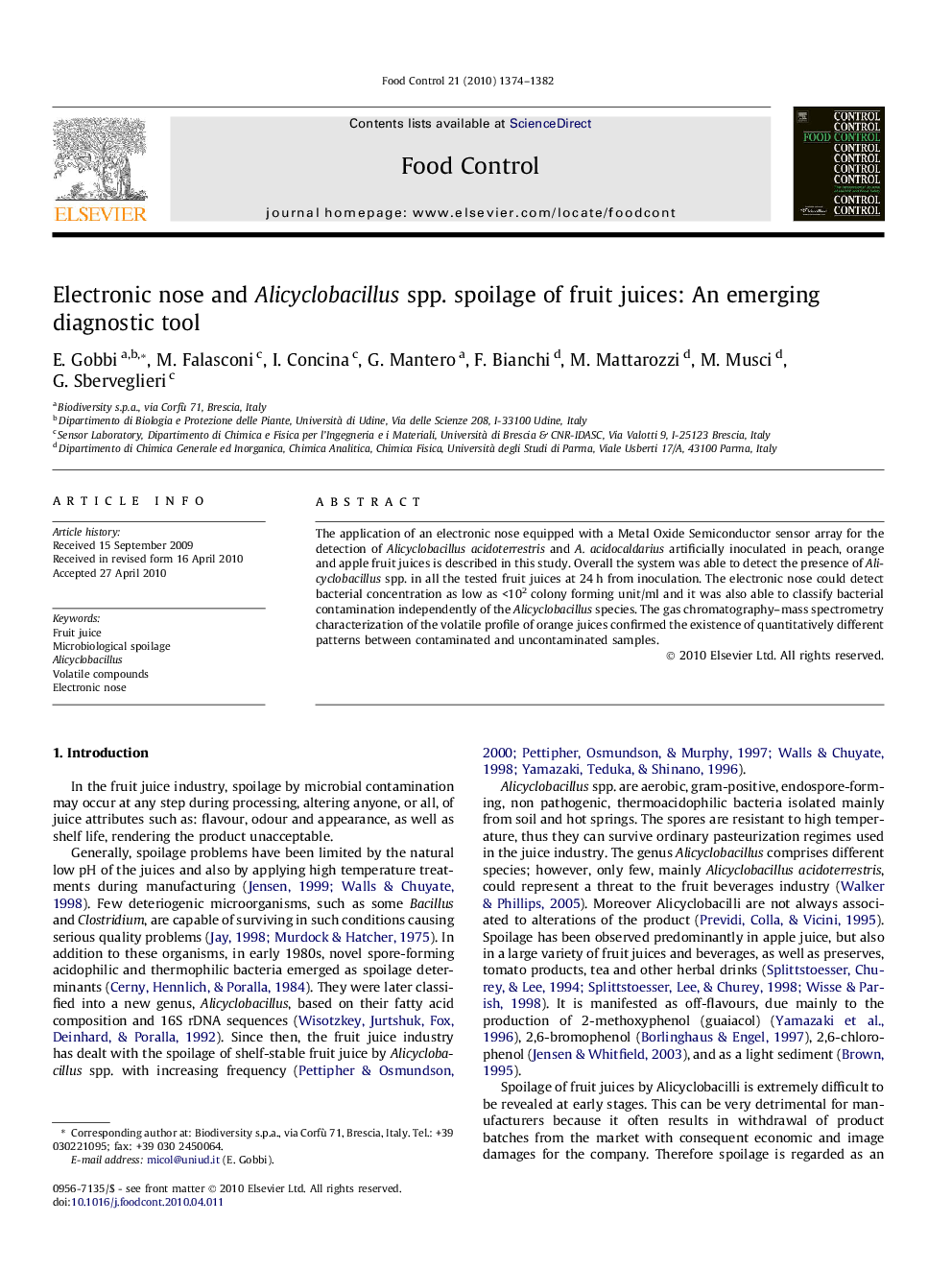 Electronic nose and Alicyclobacillus spp. spoilage of fruit juices: An emerging diagnostic tool