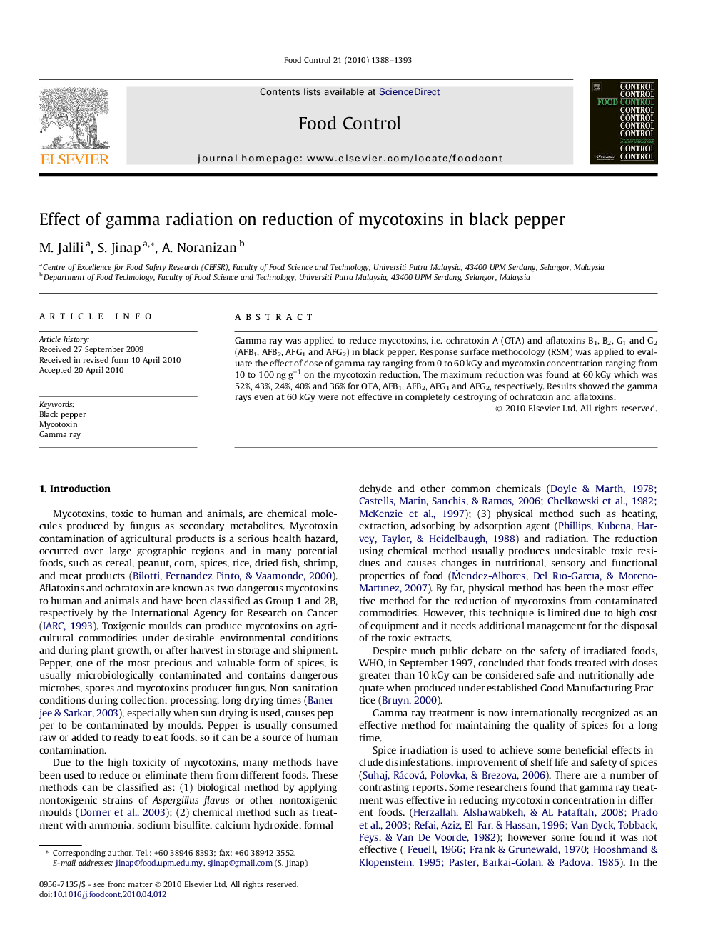 Effect of gamma radiation on reduction of mycotoxins in black pepper