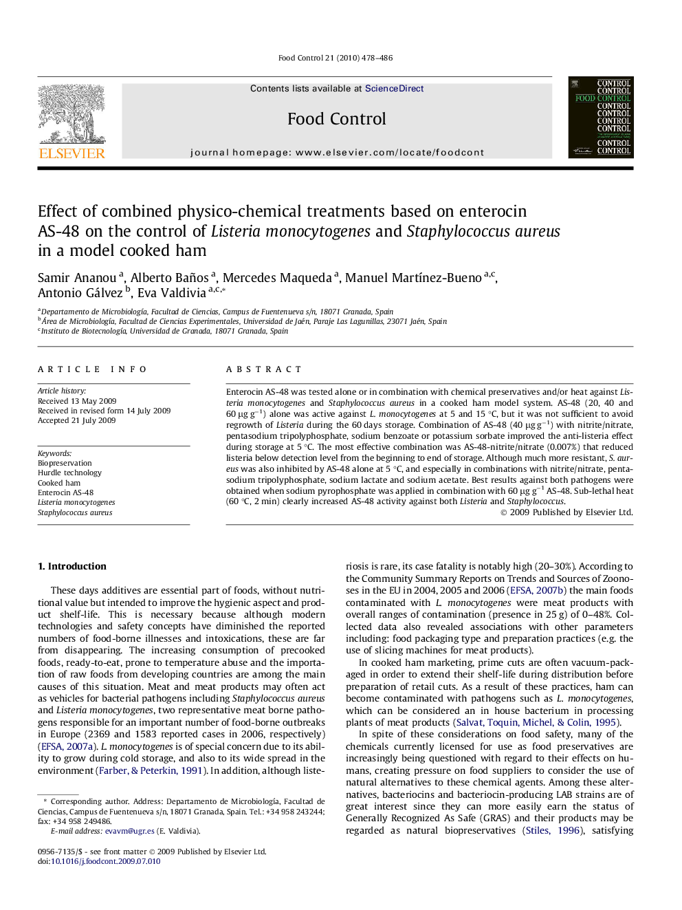 Effect of combined physico-chemical treatments based on enterocin AS-48 on the control of Listeria monocytogenes and Staphylococcus aureus in a model cooked ham