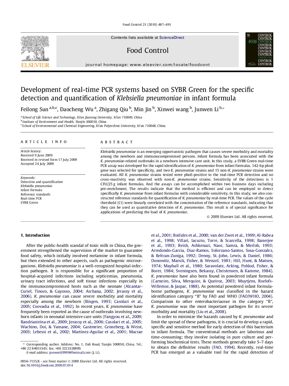 Development of real-time PCR systems based on SYBR Green for the specific detection and quantification of Klebsiella pneumoniae in infant formula