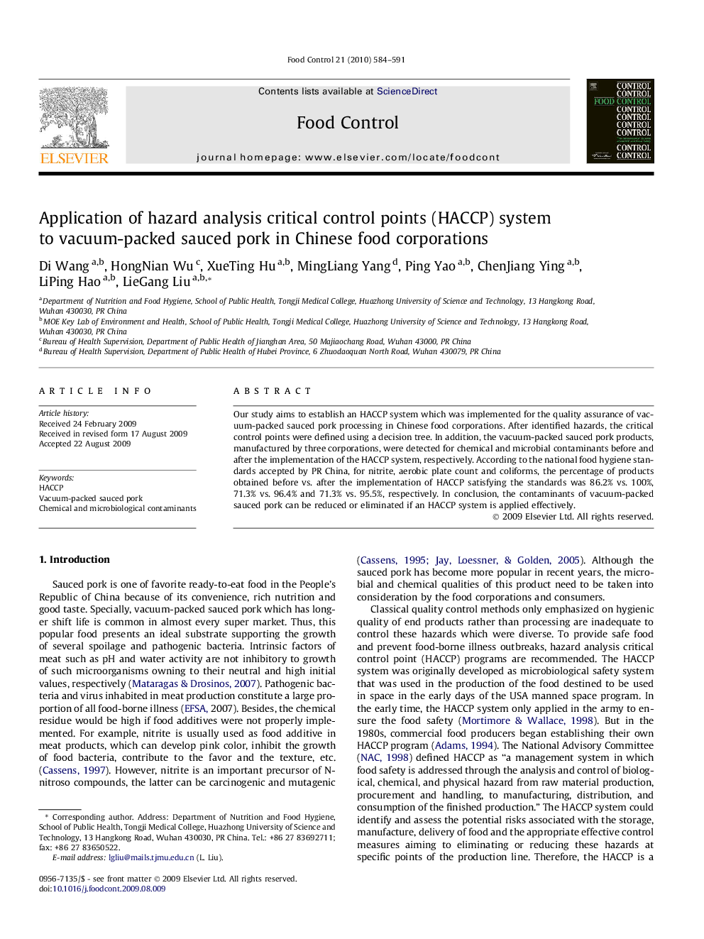 Application of hazard analysis critical control points (HACCP) system to vacuum-packed sauced pork in Chinese food corporations