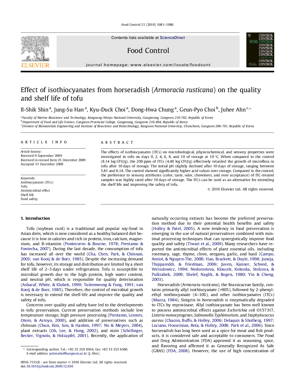 Effect of isothiocyanates from horseradish (Armoracia rusticana) on the quality and shelf life of tofu