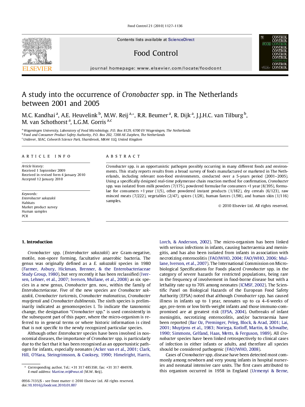 A study into the occurrence of Cronobacter spp. in The Netherlands between 2001 and 2005