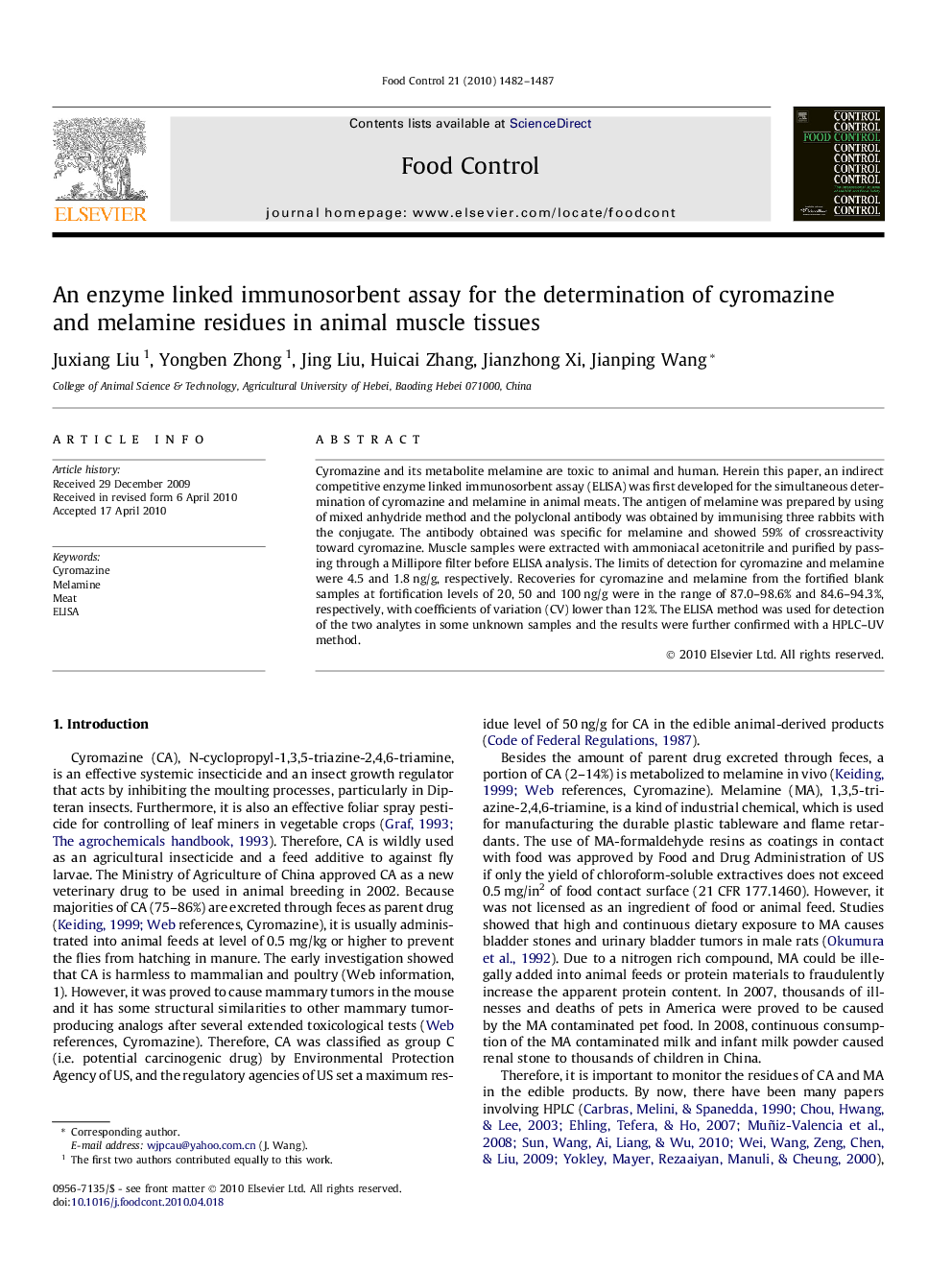 An enzyme linked immunosorbent assay for the determination of cyromazine and melamine residues in animal muscle tissues