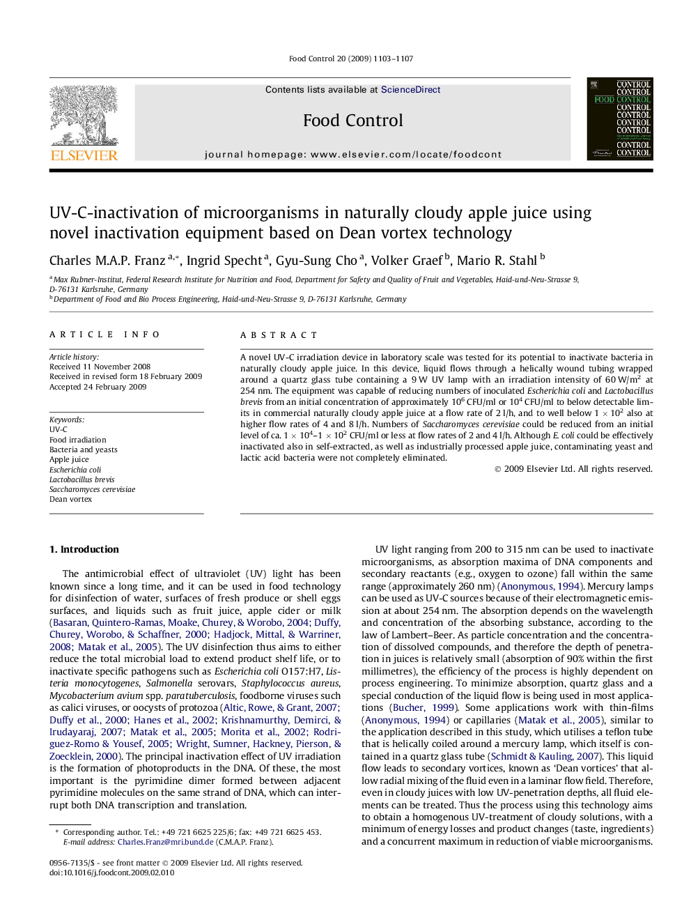 UV-C-inactivation of microorganisms in naturally cloudy apple juice using novel inactivation equipment based on Dean vortex technology