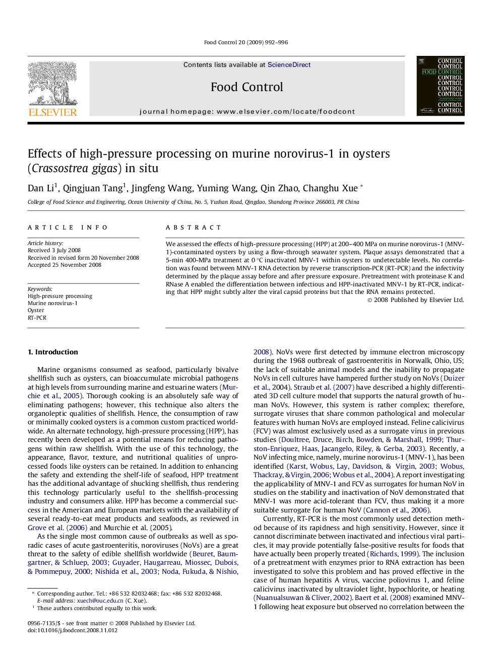 Effects of high-pressure processing on murine norovirus-1 in oysters (Crassostrea gigas) in situ