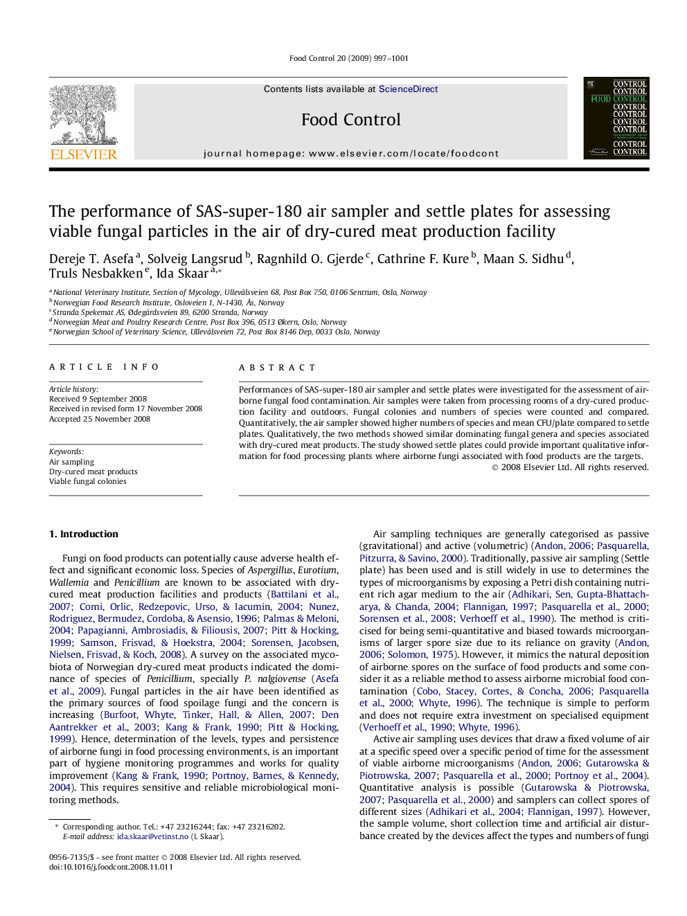 عکس صفحه اول مقاله: The performance of SAS-super-180 air sampler and settle plates for assessing viable fungal particles in the air of dry-cured meat production facility The performance of SAS-super-180 air sampler and settle plates for assessing viable fungal particles in the air of dry-cured meat production facility