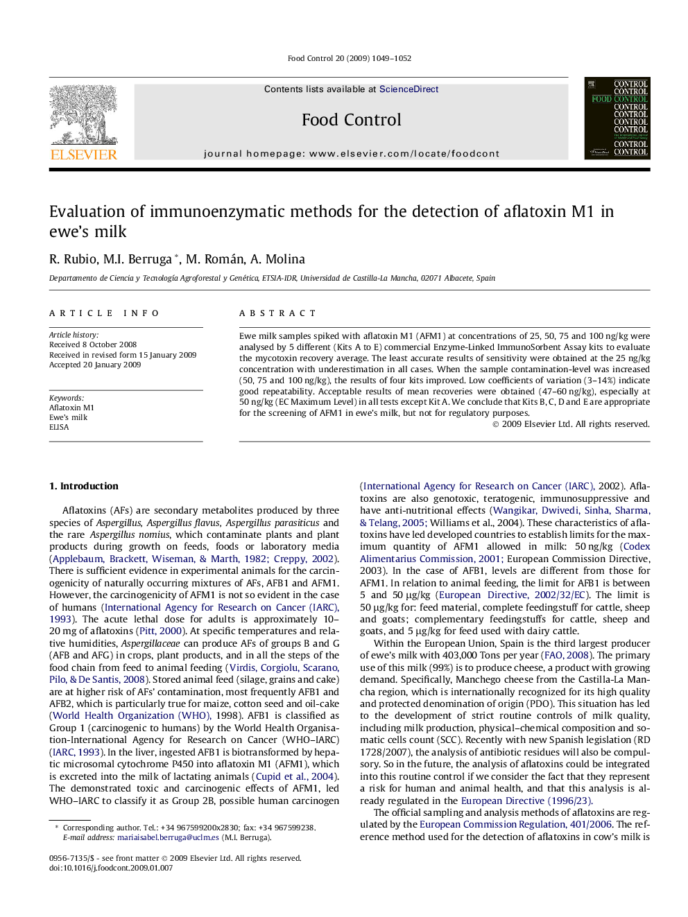 عکس صفحه اول مقاله: Evaluation of immunoenzymatic methods for the detection of aflatoxin M1 in ewe's milk Evaluation of immunoenzymatic methods for the detection of aflatoxin M1 in ewe's milk