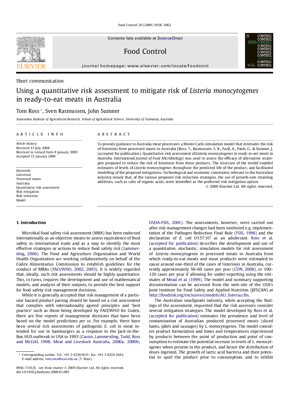 Using a quantitative risk assessment to mitigate risk of Listeria monocytogenes in ready-to-eat meats in Australia