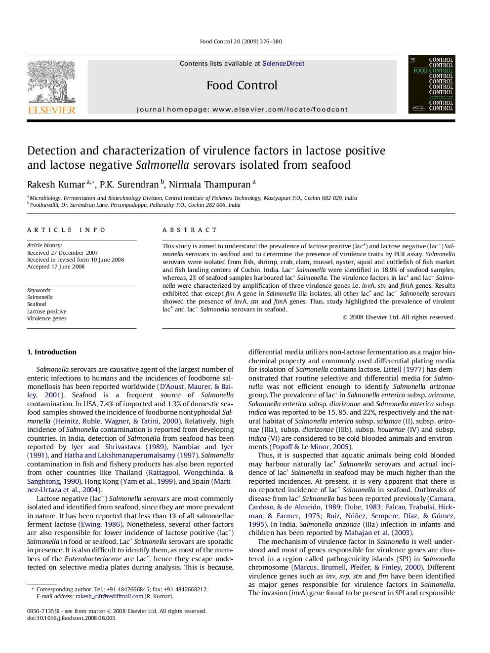 Detection and characterization of virulence factors in lactose positive and lactose negative Salmonella serovars isolated from seafood