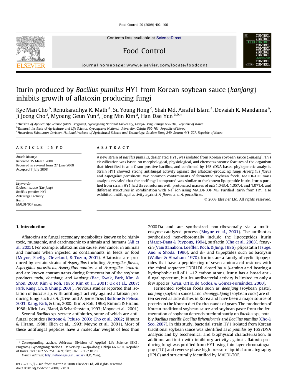 Iturin produced by Bacillus pumilus HY1 from Korean soybean sauce (kanjang) inhibits growth of aflatoxin producing fungi