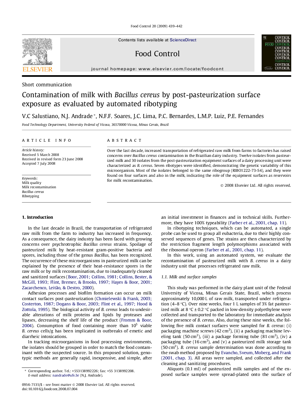 Contamination of milk with Bacillus cereus by post-pasteurization surface exposure as evaluated by automated ribotyping