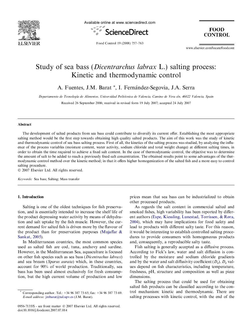 Study of sea bass (Dicentrarchus labrax L.) salting process: Kinetic and thermodynamic control