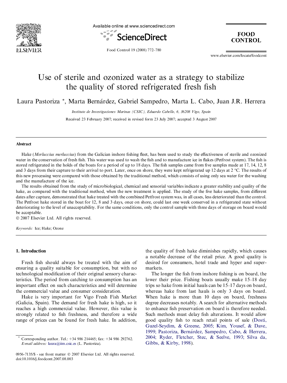 Use of sterile and ozonized water as a strategy to stabilize the quality of stored refrigerated fresh fish