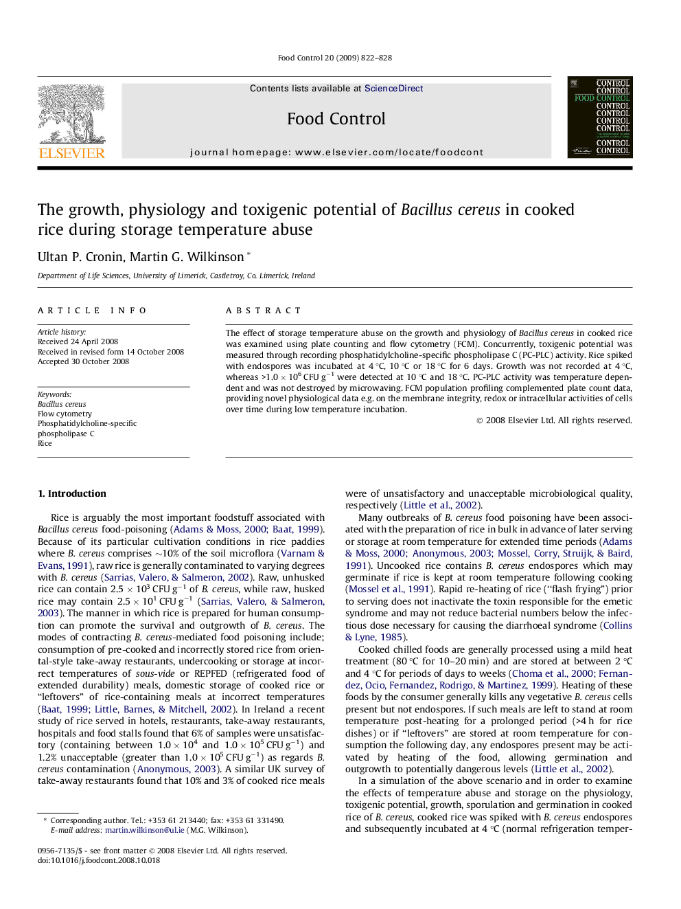 The growth, physiology and toxigenic potential of Bacillus cereus in cooked rice during storage temperature abuse